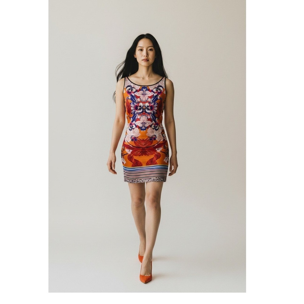 Clover Canyon Prism Orchid Orange/ Floral Neoprene Sheath Dress women's Size M